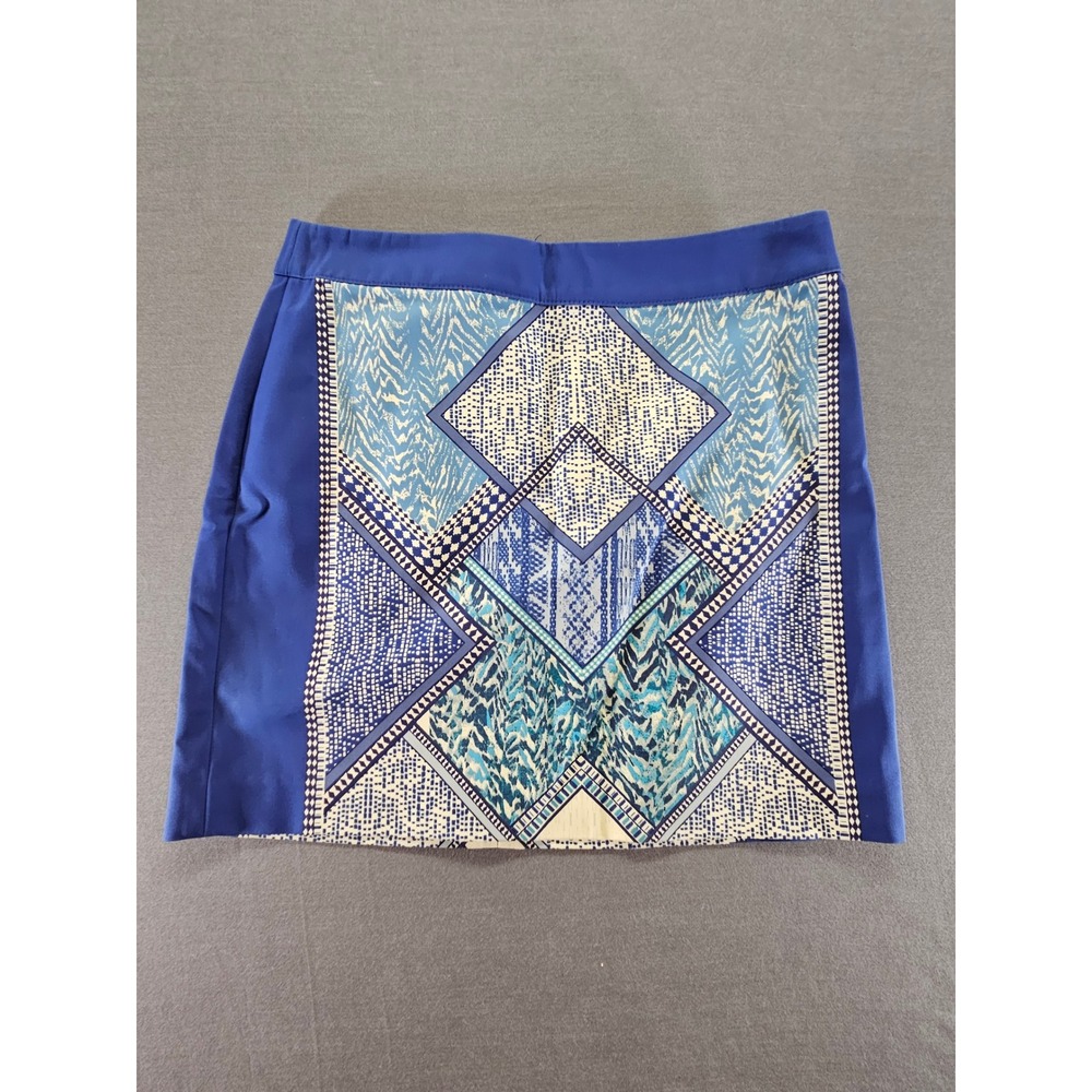 H&M Blue Geometric Tribal Print Mini Skirt Size 6 Cotton Blend Zipper Back